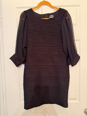 Gabby Skye Black Elegant Wavy Textured Midi Dress with Sheer Puff Sleeves